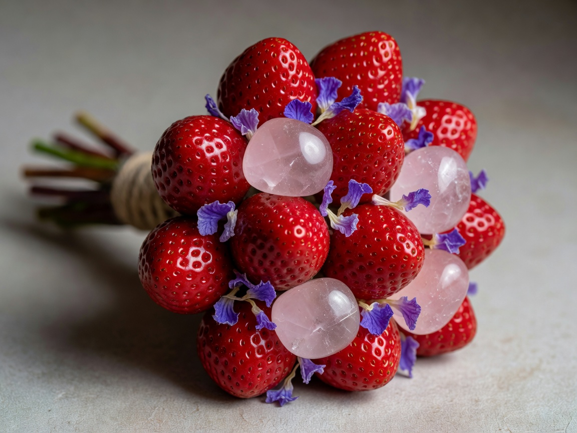Berry and Rose Quartz bouquet featuring ruby chocolate strawberries and candied violet petals